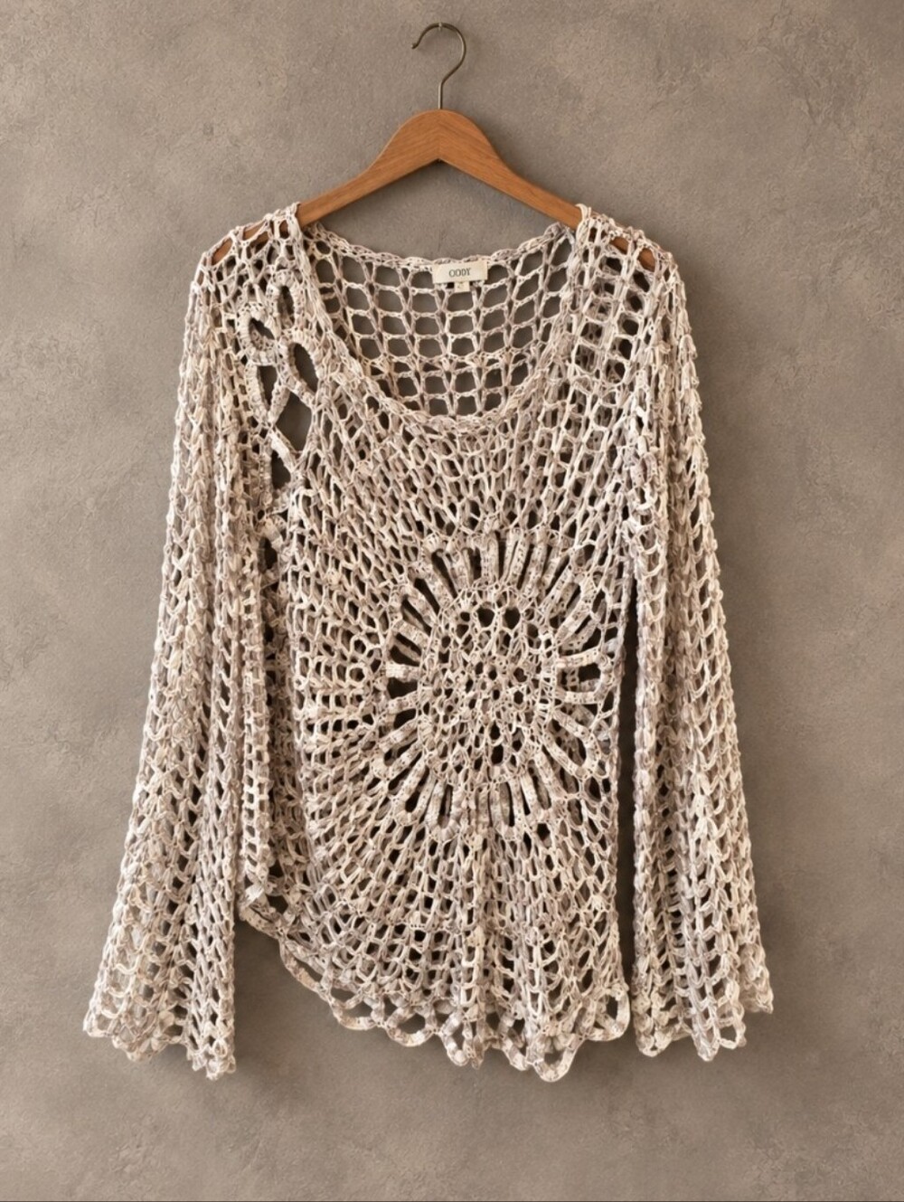 ODDY Open-Weave Asymetrical Crochet Sweater in Cream
